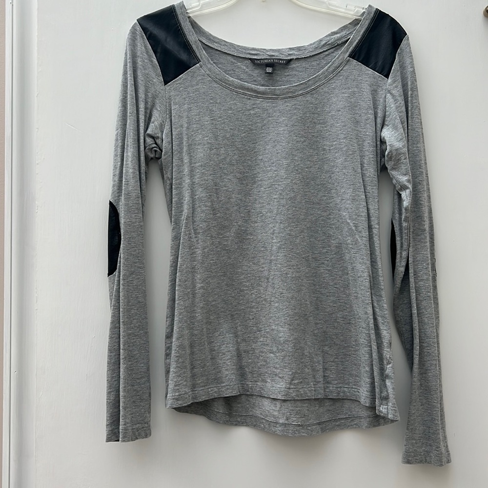 Victoria Secret Grey Long Sleeve Tee Lightweight Faux Leather Patches